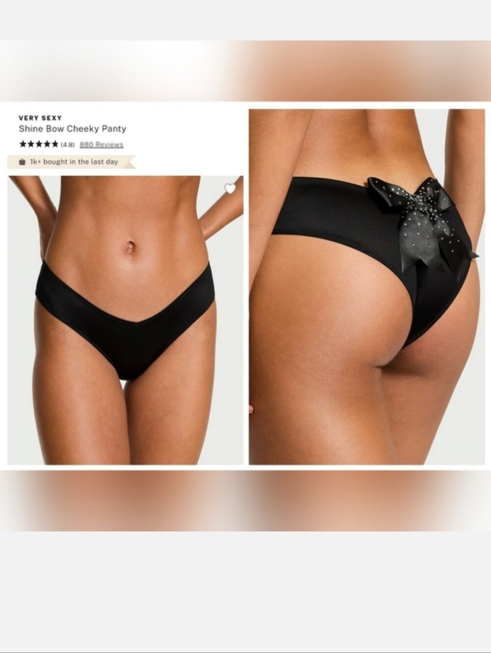 Victoria's Secret Very Sexy Black Shine Bow Cheeky Panty BLACK BLING! MEDIUM